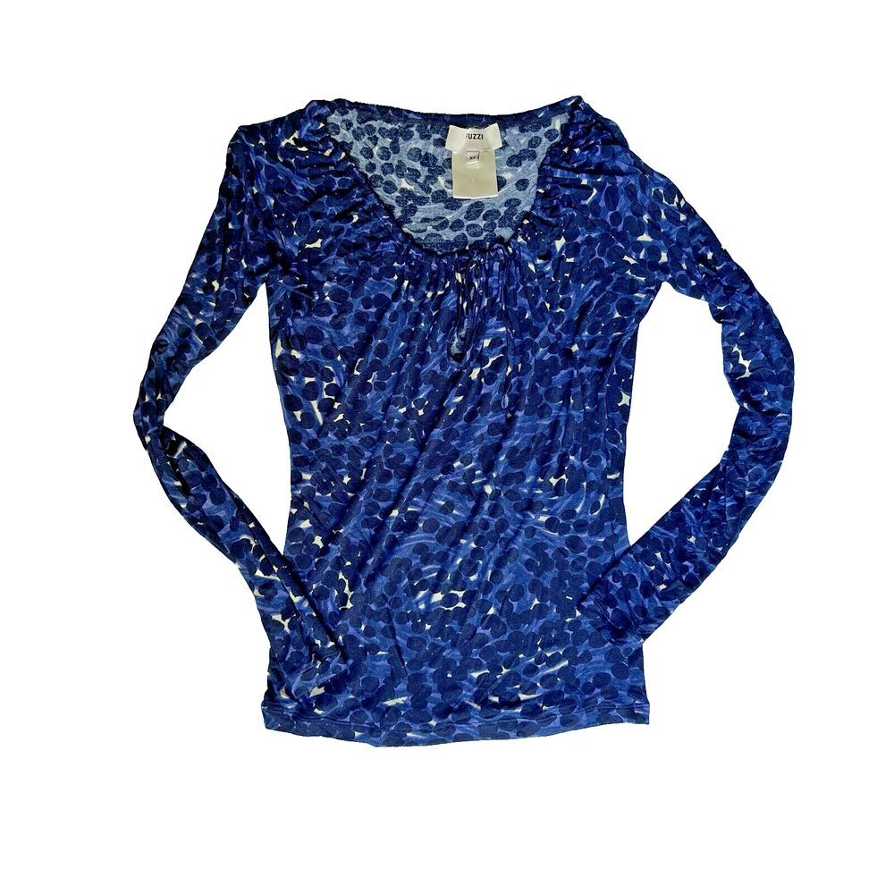 Fuzzi Made In Italy Long Sleeve Blue‎ Leopard Tee Shirt Black Blue Size XS Y2K